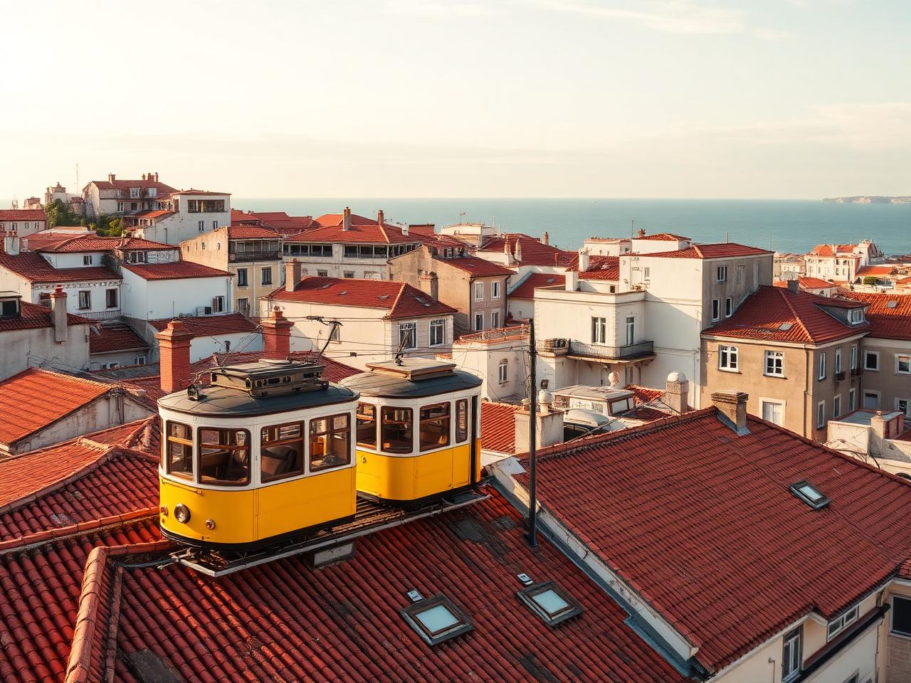 Tramway jaune sur les toits de tuiles de Lisbonne